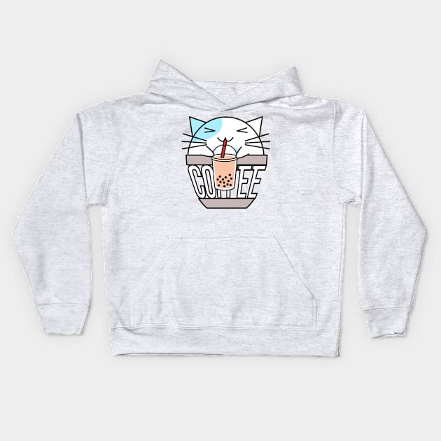 Cat in coffee cup with warped text drinking boba light blue Kids Hoodie by coffeewithkitty